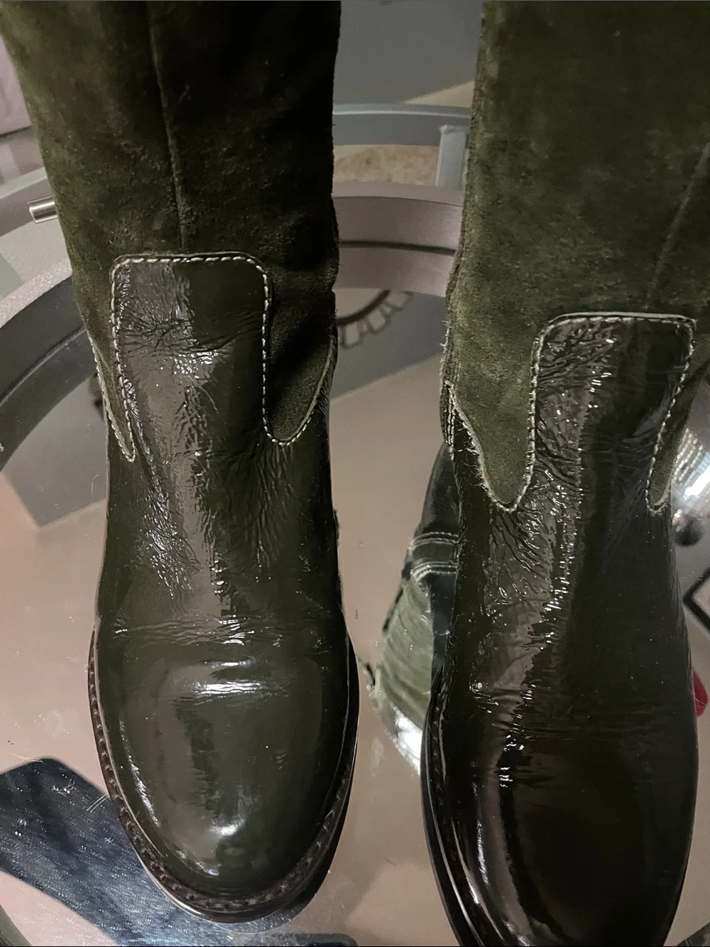 Boden Women's Knee-High Olive Green Suede & Patent Leather Boots GUC Sz 9/39